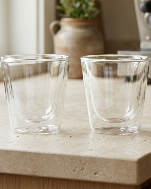 Elml Aperture Double-Wall Borosilicate Espresso Glasses 3.4 oz Set of 2 - Lifestyle view